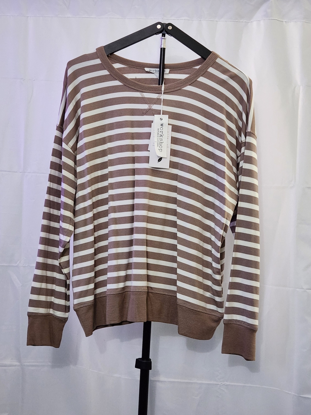 Workshop Republic Clothing Striped Long-Sleeve Sweater in Taupe and White